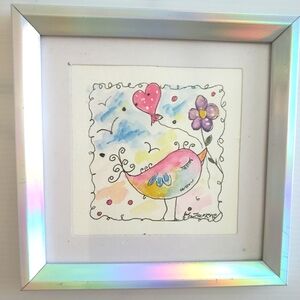 Colorful Watercolor Bird Art in Silver Frame